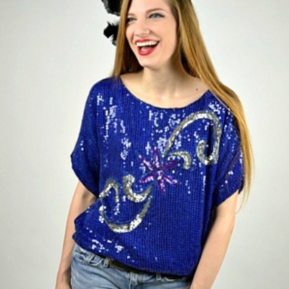Halloween Disco Top, Vintage 70s Blue Sequin Blouse - Picture 2 of 6